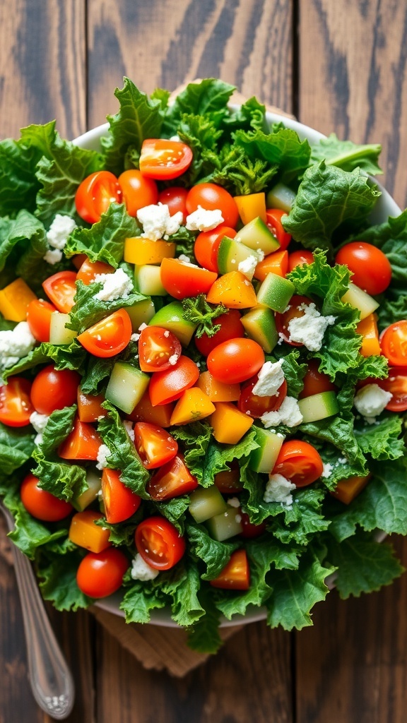 A vibrant kale salad bouquet with cherry tomatoes, cucumber, and bell peppers, garnished with feta cheese on a wooden table.